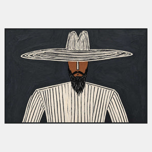 Horizontal portrait of a bearded figure in a cream-lined broad hat and striped shirt against textured charcoal gray.