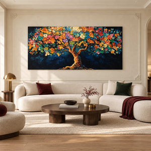 Colorful flowering tree above a cream sectional with burgundy and dark green cushions.