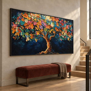 Horizontal floral tree artwork above a rust bench beside a staircase.