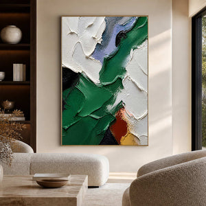 Emerald and white textured abstract wall art in a warm modern living room.