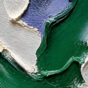 Close-up of thick emerald green, white, and periwinkle palette-knife texture.