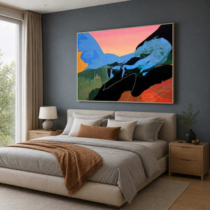 Colorful horizontal abstract painting in a white frame above a bedroom headboard.