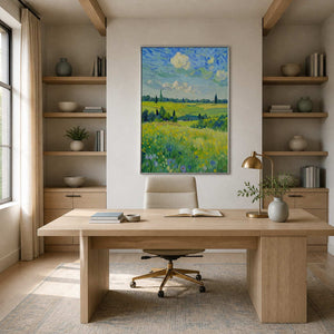 Blue-sky landscape in a silver frame above a wooden desk with a white chair.