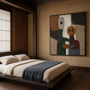 Modern Figurative Wall Art displayed above a calm modern bedroom.