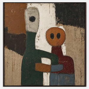 Modern figurative canvas with earthy rust, green, and cream forms.