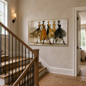 Horizontal fashion figure art adds warmth to a residential stair landing.