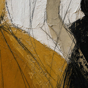 Close-up of charcoal lines and hand-painted ochre, black, and neutral texture.