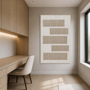 Warm white textured wall art displayed in a cool gray oak home office.