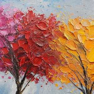 Detail of Five Trees Meet Clear Air, showing the pink, orange and blue foliage and reflections.