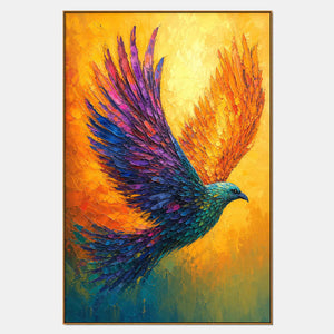 Hand-painted colorful bird wall art with warm tones, blue, and multicolor tones.