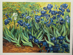 Photographed view of blue flowers and curling green leaves above warm brown soil, with the artwork edge and surrounding background visible.