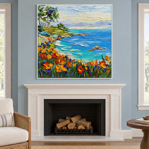 Flower-edged seascape above a white fireplace on blue.