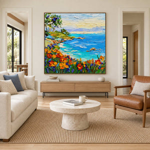 Flower-lined bay painting above a pale wood cabinet in a lounge.