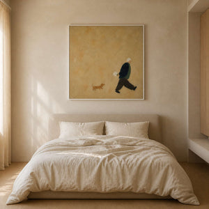 Square textured figurative wall art styled above a calm neutral bed.