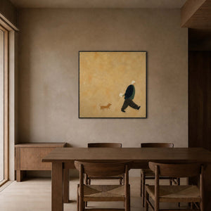 Warm ochre figurative wall art displayed in a refined wood dining room.