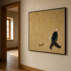 Textured walker and dachshund wall art viewed in a warm modern hallway.