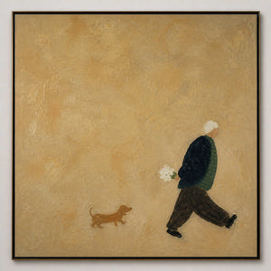 Hand-painted square figurative canvas with a flower-carrying walker and small dachshund.