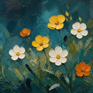 Close-up of raised white, yellow, orange, and teal floral texture.