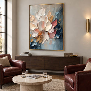 Vertical ivory, blush, and midnight-blue sculpted floral painting, displayed in a reception lounge in a gold frame.