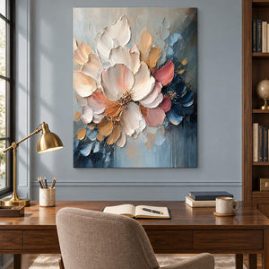 Vertical ivory, blush, and midnight-blue sculpted floral painting, displayed in a study without an outer frame.