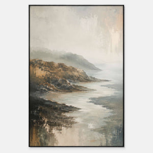 Fog Takes the Far Shore: a rocky coast receding into soft gray mist, shown in a full artwork view.