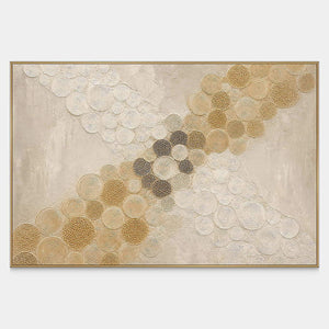 Hand-painted golden circles crossing an ivory field canvas with raised texture.