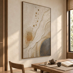 Ivory and gold relief painting with flowing ridges and textured circles in a brown wood frame in a tea room.