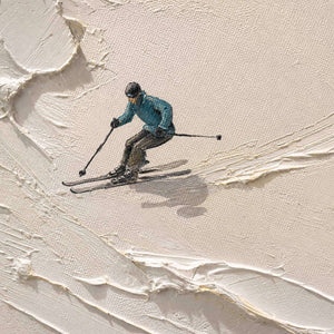 Detail of Four Skiers Crossing, showing the four skiers and raised snow ridges.