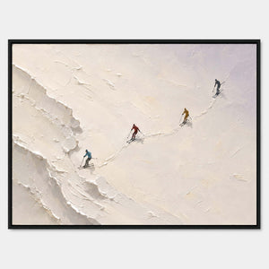 Hand-painted textured skiing wall art in white, neutral, and warm tones.