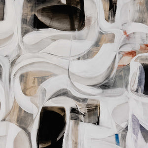 Close view of broad white curves overlapping translucent grey washes and dark openings.