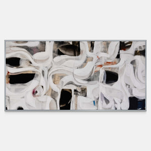Panoramic abstract artwork with sweeping white curves, black openings, and subtle earthy accents.
