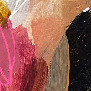 Close view of pink loops and overlapping peach brushstrokes beside a black painted passage.