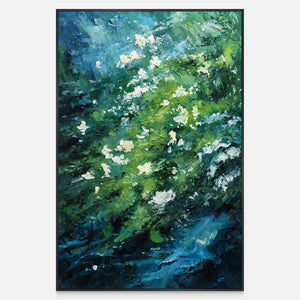 Front view of small white flowers among diagonal layers of green and deep blue strokes, with a black frame.
