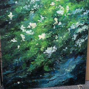 Detail of white flower marks above dark green and blue layered strokes.