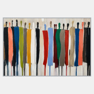 A horizontal row of elongated abstract figures in blue, green, coral, yellow, black, and neutral colors on a pale background.