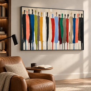 Black-framed figurative artwork beside a brown leather reading chair and adjustable lamp.