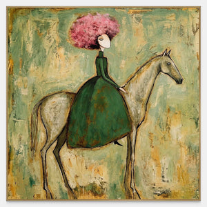 Front view of Gentle Company, a green-dressed rider with cloudlike pink hair on a pale horse against soft green and ochre texture.
