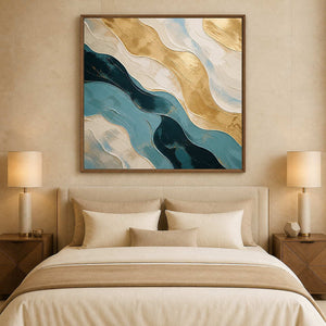 Flowing teal abstract canvas styled above a warm neutral bed.
