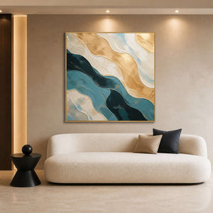 Teal and gold textured abstract wall art in a modern living room.