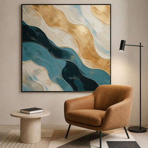 Layered teal abstract painting beside a quiet leather reading chair.