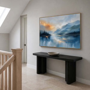 Blue mountain lake canvas beside a black oak staircase.
