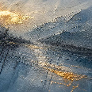 Close-up of blue mountain texture, reflective water, and warm gold paint.