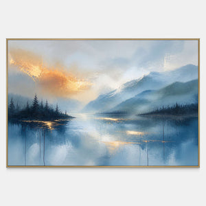 Hand-painted misty blue mountain lake landscape with warm golden light.