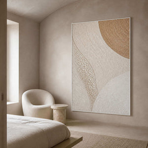 Gold arc rising through ivory curves wall art in a contemporary bedroom.