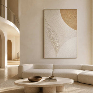 Gold arc rising through ivory curves wall art in a contemporary living room.