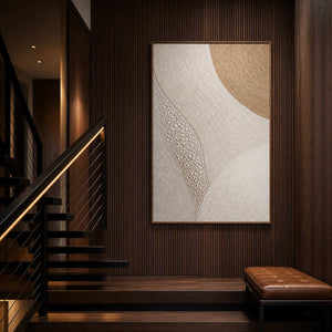 Gold arc rising through ivory curves wall art in a contemporary stair hall.