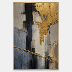 Vertical abstract artwork in gold, charcoal, slate blue, gray, and ivory.