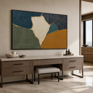 Textured geometric canvas displayed in a calm modern bathroom.