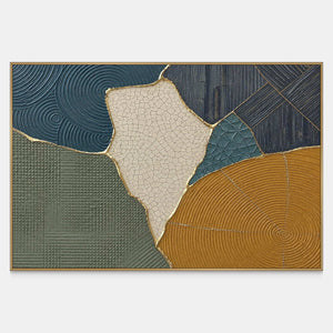 Textured abstract canvas with blue, sage, ochre, ivory, and gold fields.