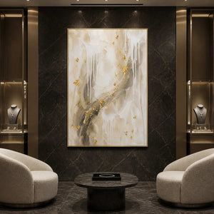 Luminous gold abstract wall art in an obsidian boutique lounge.